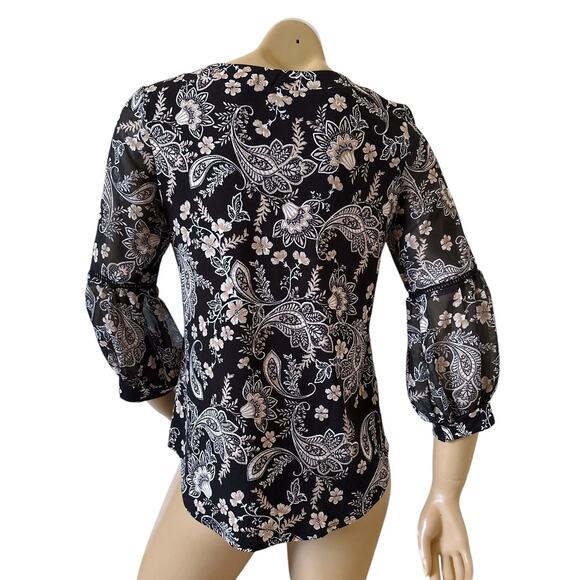 PERSEPTION CONCEPT Womens Size Small Balloon Sleeve Paisley Boho V Neck Shirt - Picture 4 of 8